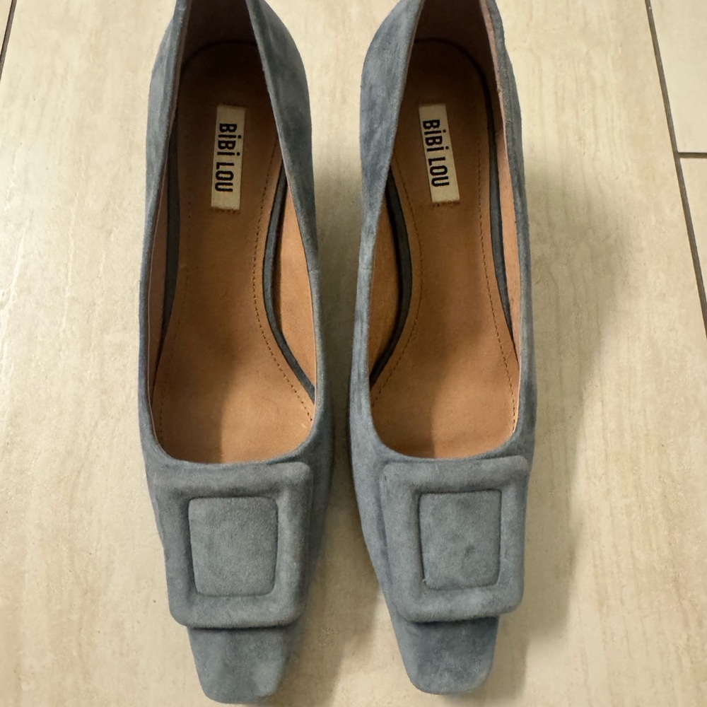 Bibi Lou Gray Suede Square Toe Block Heel Pumps